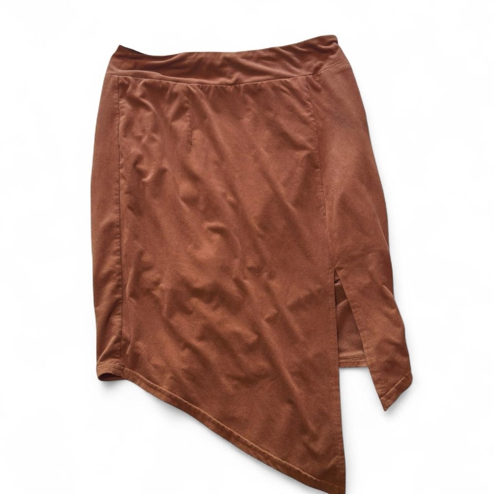 Faux Suede Tan / Camel Colored Asymmetrical Mini Skirt